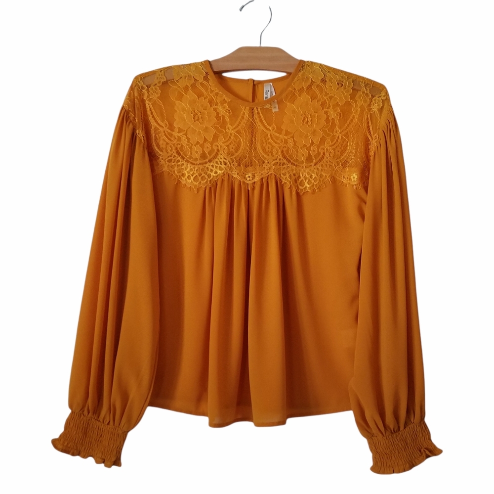 Truth Yellow Lace Panel Balloon Sleeve Blouse Top